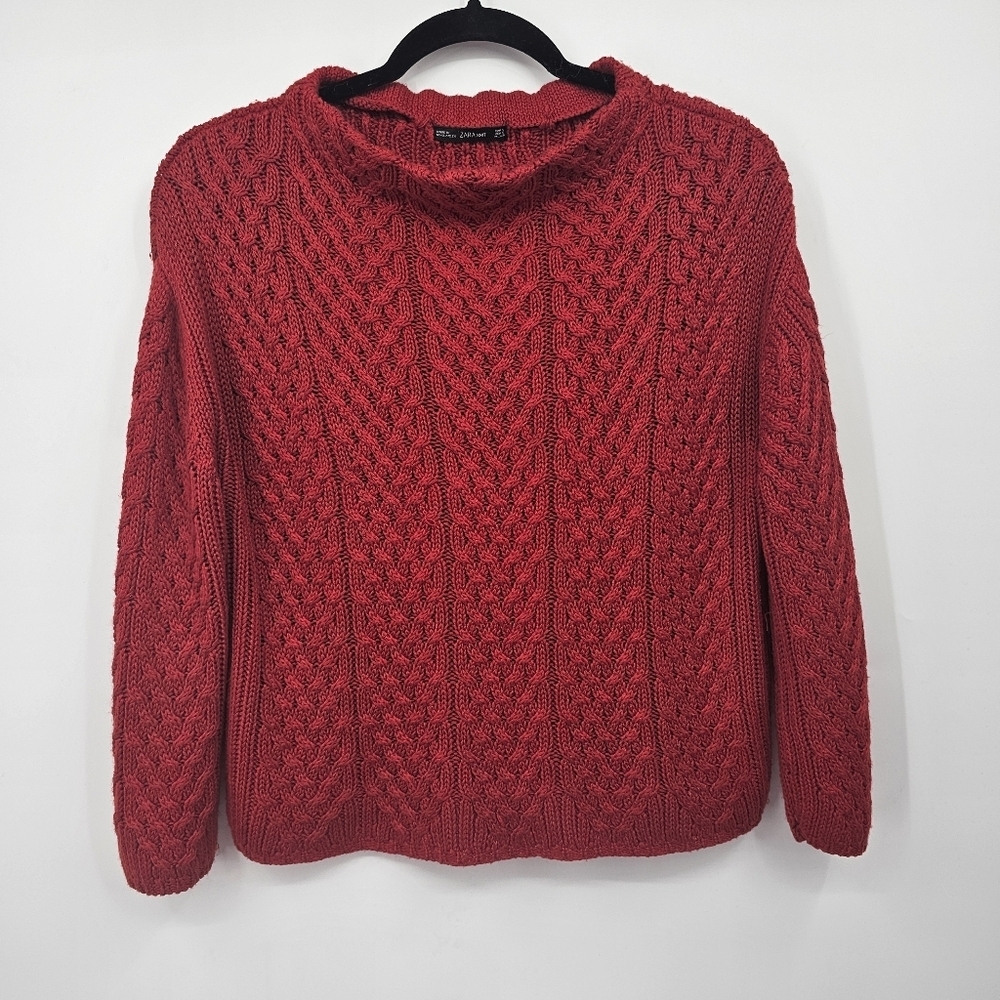 ZARA Knit Red Cable Knit Mock Turtleneck Sweater Women’s Size S‎